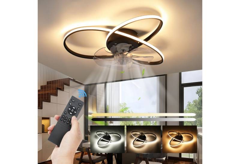 LETGOSPT LED Deckenleuchte Leise Deckenventilator mit Beleuchtung 60W Deckenlampe Mit Ventilator, Mit Fernbedienung Dimmfunktion Memoryfunktion Nachtlichtfunktion Ventilatorfunktion, LED fest integriert, Kaltweiß, Neutralweiß, Warmweiß, Leise Deckenventilatoren mit Fernbedienung, 6 Stufen, Ø 56 cm von LETGOSPT