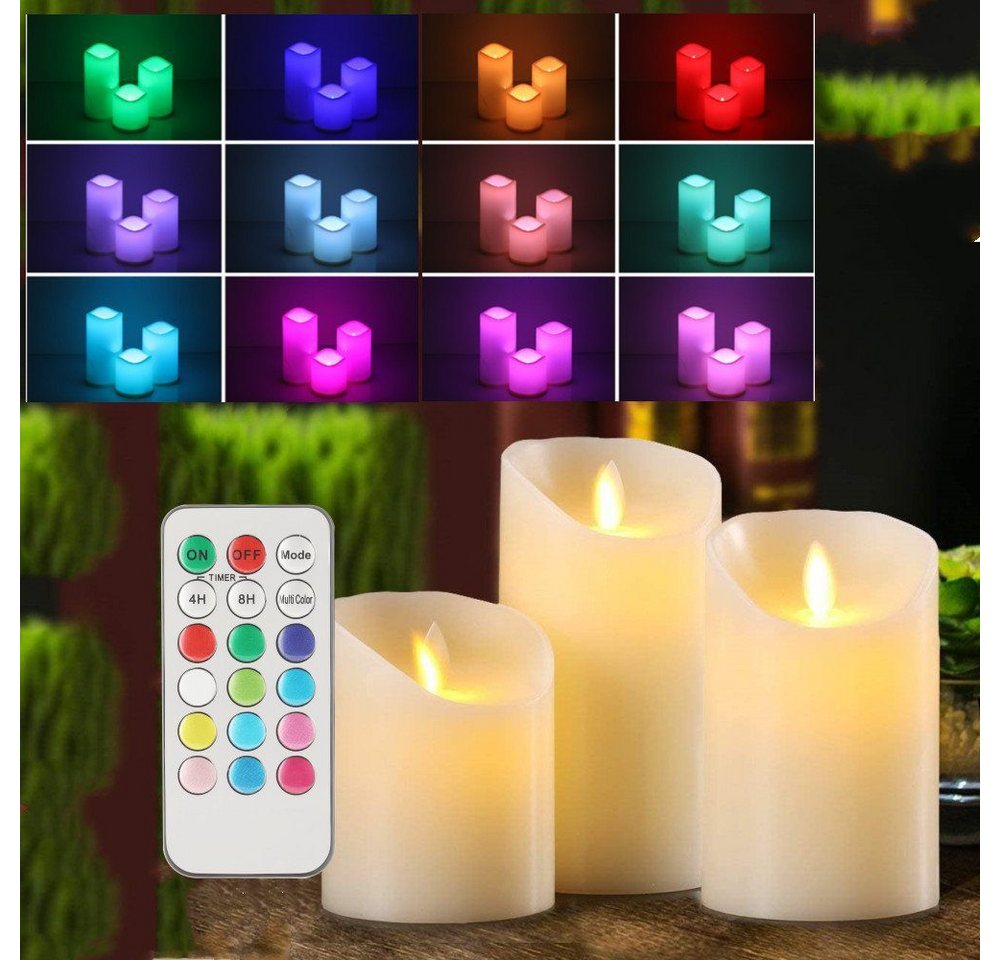 LETGOSPT LED-Kerze 3er Set RGB LED Kerzen flammenlose Kerzen, Timerfunktion Fernbedienung (Set, 3-tlg., LED Kerzen Set Stumpenkerzen mit Fernbedienung Timerfunktion 12 Farben), LED Kerzen 3er Set mit 18-Tasten-Fernbedienung für Festivaldekoration von LETGOSPT