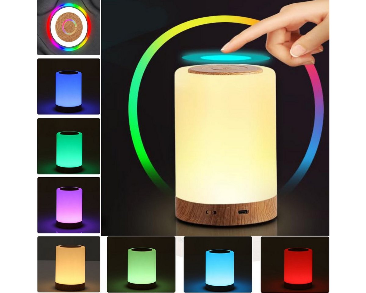 LETGOSPT LED Nachtlicht LED Nachttischlampe Touch Dimmbar Tischlampe mit 10 Farben und 4 Modi, LED fest integriert, bunt, Holzmaserung Nachtlicht USB Aufladbar, für Schlafzimmer Wohnzimmer von LETGOSPT