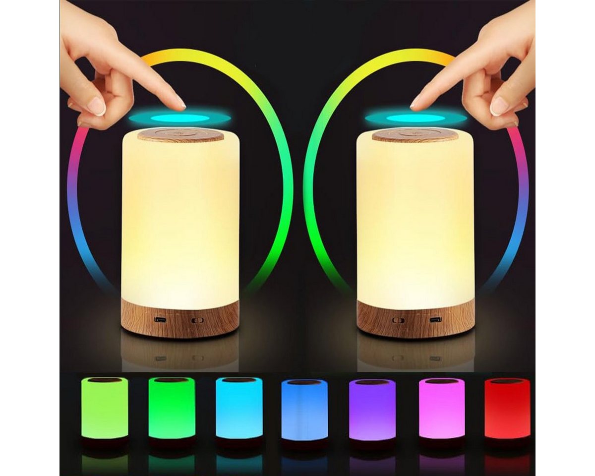 LETGOSPT LED Nachtlicht LED Nachttischlampe Touch Dimmbar Tischlampe mit 10 Farben und 4 Modi, LED fest integriert, bunt, Holzmaserung Nachtlicht USB Aufladbar, für Schlafzimmer Wohnzimmer von LETGOSPT