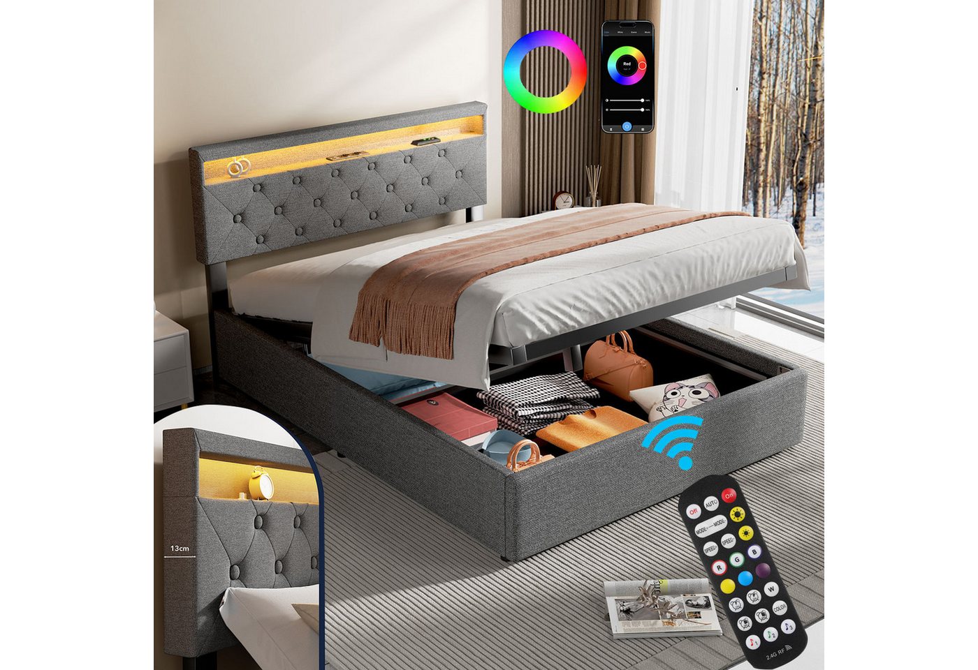 LETGOSPT Polsterbett Doppelbett mit LED Hydraulisch anhebbarer Stauraum Wiederaufladbar (Modernes LED-Polsterbett mit Ladefunktion und großem Stauraum, App-gesteuertes Farbwechsellicht für stimmungsvolle Schlafatmosphäre), Kopfteil mit USB & Steckdose, RGB-LED mit Musikmodus steuerbar per App LETGOSPT Polsterbett Doppelbett mit LED Hydraulisch anhebbarer Stauraum Wiederaufladbar (Modernes LED-Polsterbett mit Ladefunktion und großem Stauraum, App-gesteuertes Farbwechsellicht für stimmungsvolle Schlafatmosphäre), Kopfteil mit USB & Steckdose, RGB-LED mit Musikmodus steuerbar per App von LETGOSPT