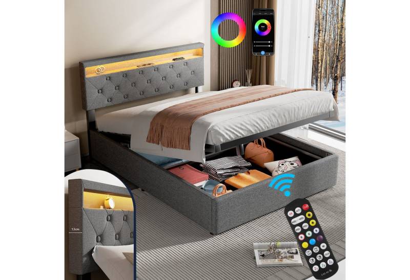 LETGOSPT Polsterbett Doppelbett mit LED Hydraulisch anhebbarer Stauraum Wiederaufladbar (Modernes LED-Polsterbett mit Ladefunktion und großem Stauraum, App-gesteuertes Farbwechsellicht für stimmungsvolle Schlafatmosphäre), Kopfteil mit USB & Steckdose, RGB-LED mit Musikmodus steuerbar per App von LETGOSPT