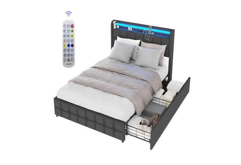 LETGOSPT Polsterbett LED Einzelbett 90x200cm mit Ladefunktion,Polsterbett mit 2 Schubladen, Modernes Einzelbett mit Kopfteil und Lattenrost, einfache Montage von LETGOSPT