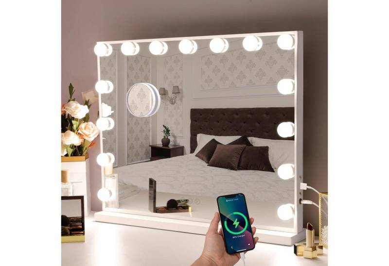 LETGOSPT Schminkspiegel Bluetooth Hollywood Spiegel, Schminkspiegel mit Beleuchtung und USB (3-farbig einstellbares Licht mit Memory-Funktion, 1-St., Mit Musiklautsprecher, Touchscreen), Schminkspiegel mit 15/18 LED-Leuchten, stufenlos dimmbar von LETGOSPT