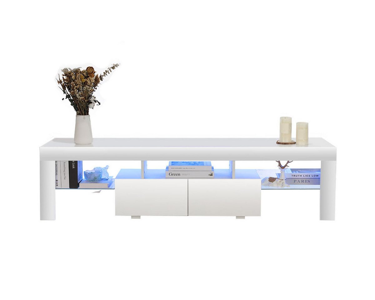 LETGOSPT TV-Schrank Fernsehschrank mit LED-Beleuchtung, 160 cm Lowboard mit 2 Schubladen (Fernsehschrank, 3 offenes Regalfach, viel Stauraum) griffloses TV-Schrank, mit Glasrahmen, Fernsehschrank in wohnzimmer von LETGOSPT