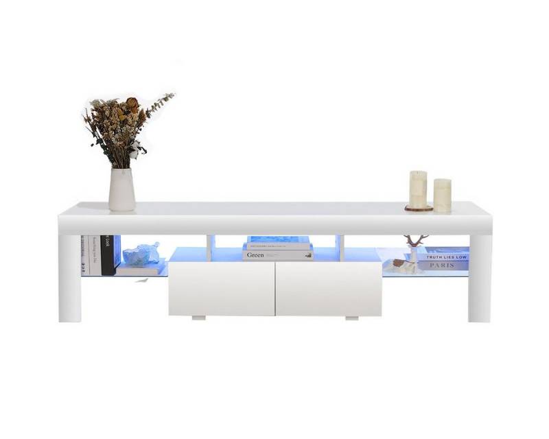 LETGOSPT TV-Schrank Fernsehschrank mit LED-Beleuchtung, 160 cm Lowboard mit 2 Schubladen (Fernsehschrank, 3 offenes Regalfach, viel Stauraum) griffloses TV-Schrank, mit Glasrahmen, Fernsehschrank in wohnzimmer von LETGOSPT