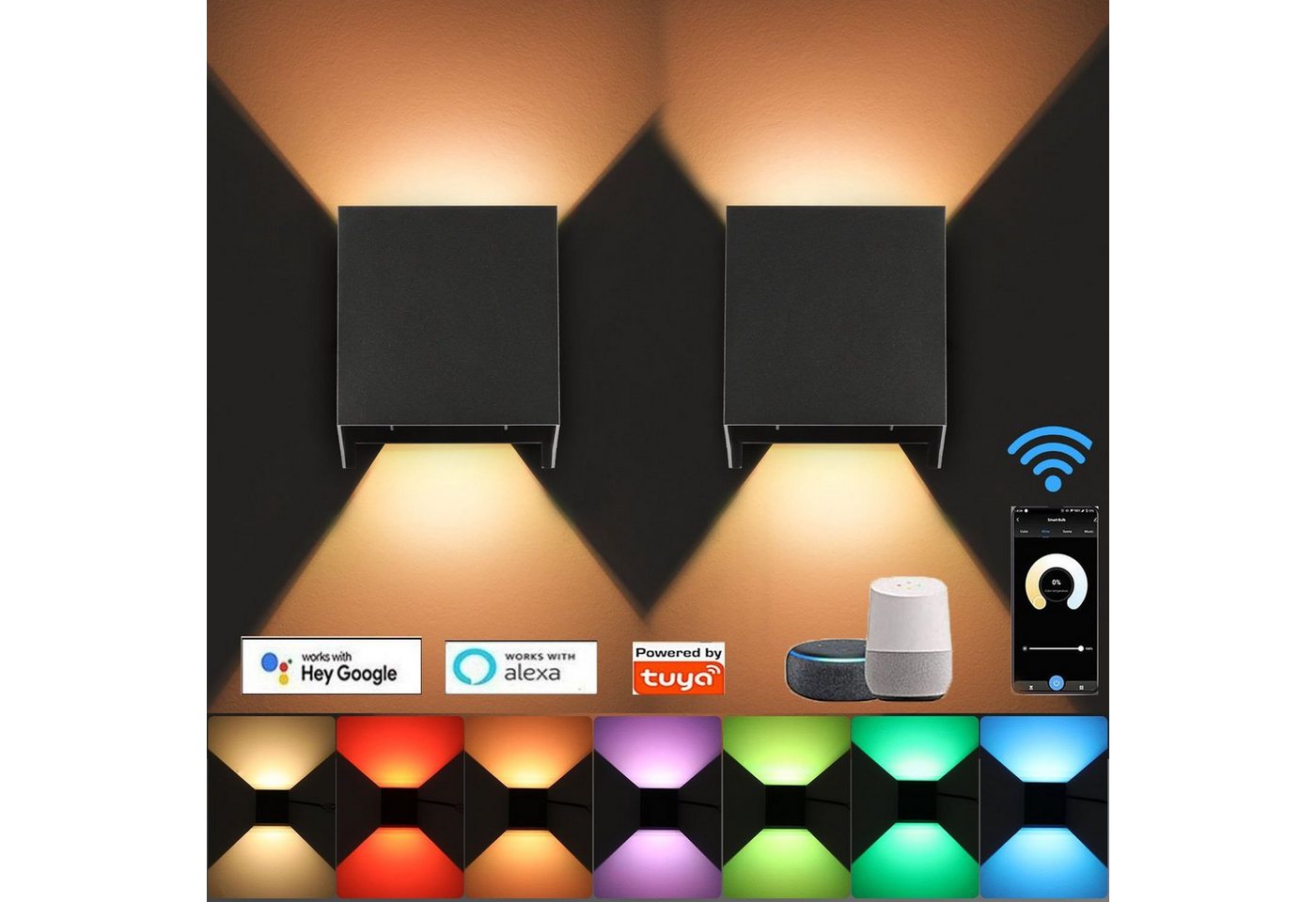 LETGOSPT Wandleuchte 2 Stück 7W Modern RGB LED Wandlampe,Dimmbar mit APP und WIFI-steuerung, LED fest integriert, Warmweiß+RGB, IP65 Wasserdichte LED Außenwandlampe für Alexa und Google-Assistant von LETGOSPT