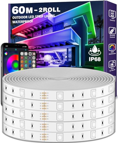 LETIANPAI 60m/200ft Outdoor LED Strip Lights Waterproof,IP68 Outsideled strips wasserdicht with App and Remote,Music Sync RGB Exterior Led Rope Lights with Self Adhesive Back von LETIANPAI