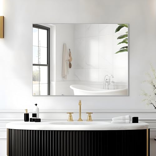 LETSFIELD Wandspiegel 81,3 x 61 cm, rechteckiger Badezimmerspiegel für die Wand mit rostfreiem Aluminiumrahmen, horizontal oder vertikal aufgehängt (Silber) von LETSFIELD