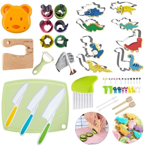 47-teiliges Kinder-Küchenmesser-Set mit Dinosaurier-Ausstechformen und kinderfreundlichen Messern zum Schneiden von Kuchen, Keksen, Obst, Sandwiches und Gemüse von LETTO & TAILOR