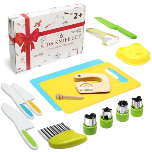 Kindermesser 16-teiliges Kinder Sicherheit Kochmesser Küchenmesser Set mit Gemüse Ausstechformen, Holzmesser, Schneidebrett - Perfektes Weihnachts- oder Geburtstagsgeschenk für Kinder ab 2 Jahren von LETTO & TAILOR