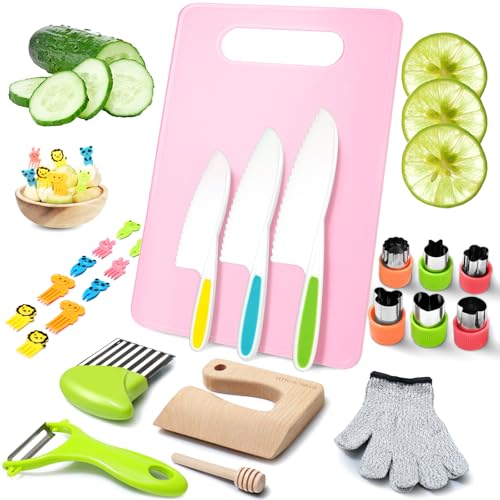 Kindermesser - 25-teiliges Kinder-Küchenmesser-Set für sicheres Kochen mit Holzmesser, Kinderschutzhandschuhen, Schneidebrett und mehr – Montessori Messer und Kinder Küchenmesser für kleine Köche von LETTO & TAILOR