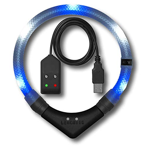 LEUCHTIE® Leuchthalsband Easy Charge blau-weiß Größe 47,5 I LED Halsband für Hunde I USB aufladbar I konstante Leuchtkraft I wasserdicht I extrem hell von LEUCHTIE