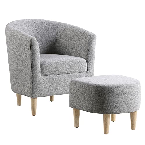 Sessel Wohnzimmer Cocktailsessel mit hocker Ohrensessel Armsessel Lehnsessel Polsterstuhl mit Holzbeine Relaxsessel mit Armlehnen Clubsessel, für Schlafzimmer & Büro (Grau, Sessel mit hocker) von LEUTED