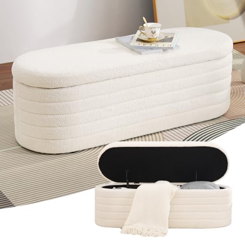 LEUTED Sitzbank mit Stauraum, Schuhbank mit Sitzfläche, Teddystoff Sitzhocker, Moderner Sitztruhe mit großem Stauraum Aufbewahrungsbox, Sitzbox für Schlafzimmer Wohnzimmer Weiß von LEUTED