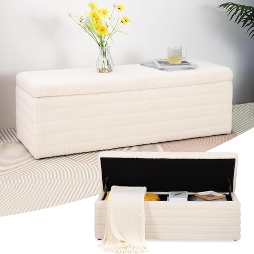 LEUTED Sitzbank mit Stauraum, Schuhbank mit Sitzfläche, Teddystoff Sitzhocker, Sitztruhe mit großem Stauraum Aufbewahrungsbox, Sitzbox für Schlafzimmer Wohnzimmer Weiß (1, 118x40x40 cm) von LEUTED