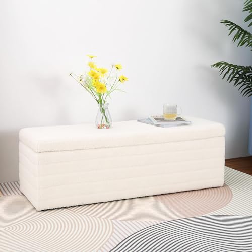 LEUTED Sitzhocker mit Stauraum, Moderner Sitzbank Schlafzimmer Aufbewahrungsbox Teddystoff Fußbank Sitztruhe 118cm, Beige von LEUTED