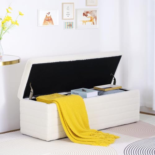 LEUTED Sitzbank mit Stauraum, Truhenbank mit Stauraum, Moderner Sitzbank Schlafzimmer Aufbewahrungsbox Teddystoff Fußbank Sitztruhe 118cm, Beige von LEUTED