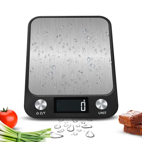LEVADA PLUS Multifunktionale digitale Küchenwaage (15 kg) mit großem LCD-Display, Lebensmittelwaage mit Edelstahl-Plattform, hohe Präzision, kompakt und schlank, Schwarz (15 kg) von LEVADA PLUS