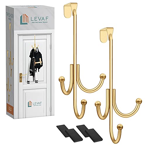 2er-Pack Türhaken – mit 3 Aufhängeköpfen und eng anliegenden Pads – 2 robuste Haken zum Aufhängen von Mänteln, Handtüchern, Kappen und Kranzen – elegante, matte Oberfläche – ohne Bohren – Gold von LEVAF