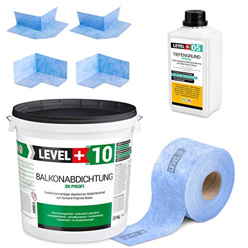 Dicht-Set 20Kg Balkonabdichtung 6m², 2 Innenecken, 2 Außenecke, 10M Dichtband, 1L Tiefengrund mit Wasserglas SET30 von LEVEL PLUS