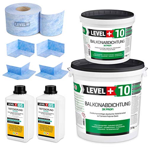 Dicht-Set 24Kg Balkonabdichtung 8m², 2 Innenecken, 2 Außenecke, 10M Dichtband, 2L Tiefengrund mit Wasserglas SET33 von LEVEL PLUS