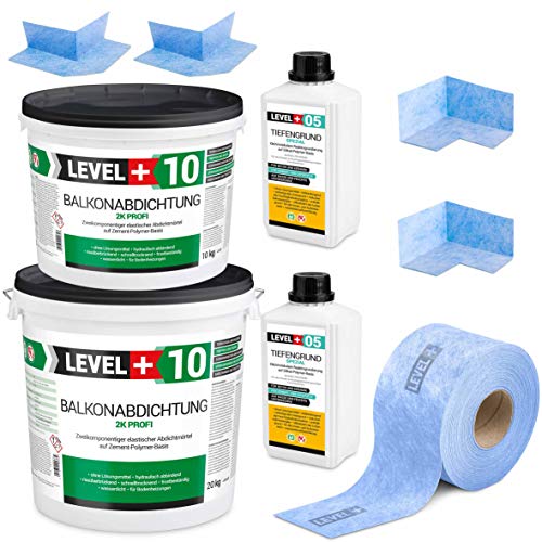 Dicht-Set 30Kg Balkonabdichtung 10m², 2 Innenecken, 2 Außenecke, 15M Dichtband, 2L Tiefengrund mit Wasserglas SET32 von LEVEL PLUS