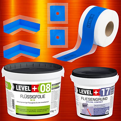 Dicht-Set 4Kg Flüssigfolie, 1,5kg Fliesengrund, 5m Dichtband, 2 Innenecken, 2 Wandmanschetten, Dusche, Bad, SET334 von LEVEL PLUS