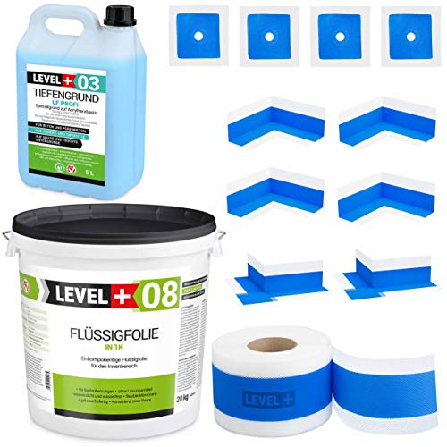 Dicht- Set Badabdichtung 20 Kg Flüssigfolie, 4 Innenecken, 2 Außenecke, 4 Wandmanschetten, 20m Dichtband, Tiefengrund 5 L, Bandset Dusche SET326 von LEVEL PLUS