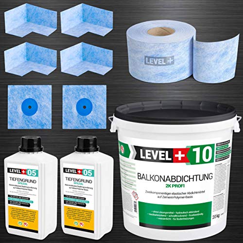 Dicht-Set Badabdichtung 20Kg Balkonabdichtung 2K, 4 Innenecken, 2 Wandmanschetten, 20M Dichtband, 2L Tiefengrund mit Wasserglas SET28 von LEVEL PLUS