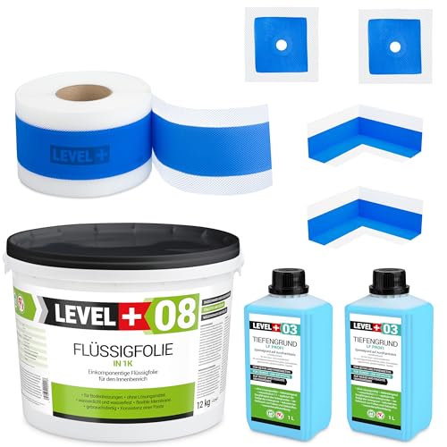 Dichtset 12 Kg Flüssigfolie, 2 Innenecken, 2 Wandmanschetten, 20m Dichtband, Tiefengrund 1 L Abdichtungsset Bandset Dusche Bad Küche SET324 von LEVEL PLUS
