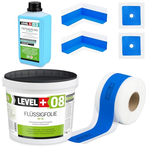 Dichtset 7 Kg Flüssigfolie, 2 Innenecken, 2 Wandmanschetten, 5m Dichtband, Tiefengrund 1 L Abdichtungsset Bandset Dusche Bad Küche SET302 von LEVEL PLUS