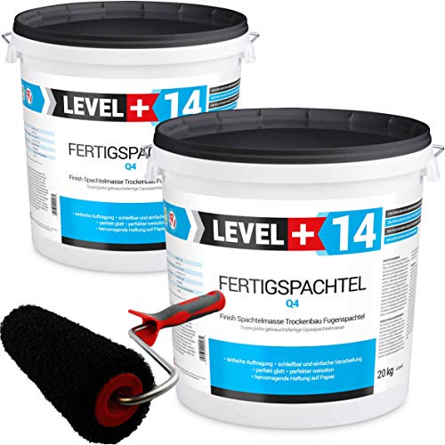 Glätt-Set Fertigspachtel 40kg Finish Feinputz Weiß + Profi Glättwalze 250mm Gipsspachtel Flächenspachtel Fein Spachtel SET210 von LEVEL PLUS