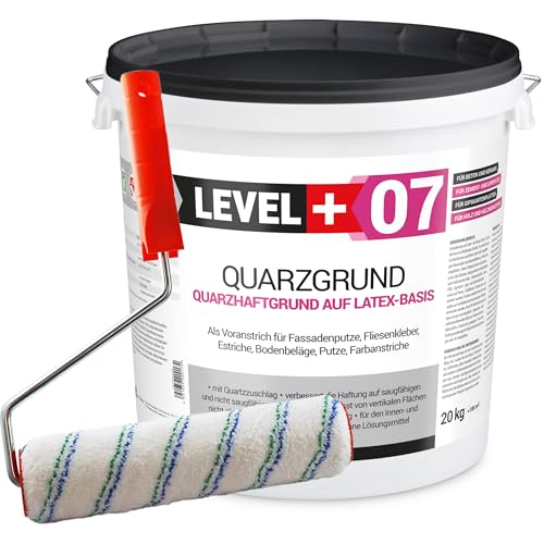 Level+ 07 Quarzgrund 20 kg Putzgrund Haftbrücke Grundierung für Beton Putz Primer weiß + Farbroller 25cm mit Bügel Set von LEVEL PLUS