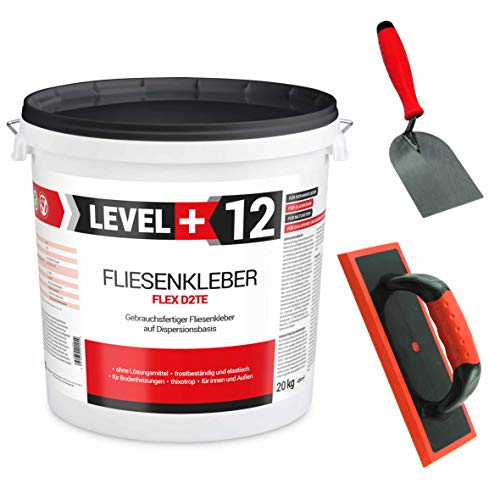 Set Kleberbox 20 Kg Fertig Fliesenkleber + Epoxit-Fugbrett + Spachtelkelle Steinkleber Flexmörtel Weiß Innen Außen Dispersions-Kleber SET203 von LEVEL PLUS