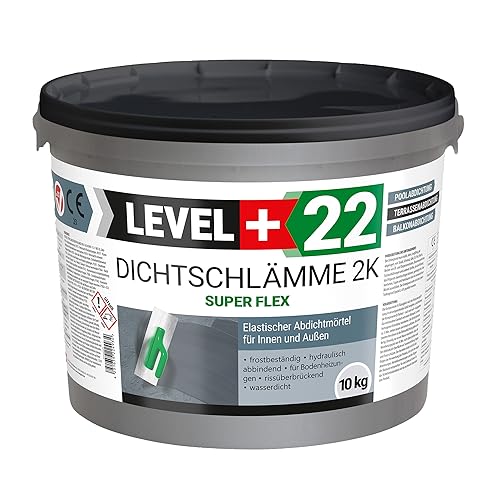 Dichtschlämme 2K Super Flex 10kg, Hochelastische Abdichtung für Innen und Außen L+22, Schwimmbad, Terrasse, Balkone, Pool, Dusche von LEVEL+