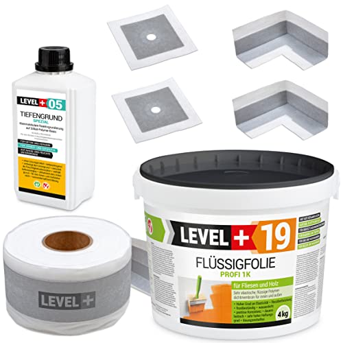 Dichtset Flüssigfolie 4Kg Auf Holz Fliesen, 2 Innenecken, 2 Wandmanschetten, 5m Dichtband, Tiefengrund 1L Abdichtungsset Dusche Bad Küche SET509 von LEVEL PLUS