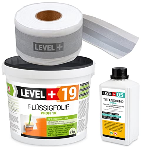 Dichtset Flüssigfolie 7Kg Auf Holz Fliesen, 5m Dichtband, Tiefengrund 1L, Abdichtungsset Innen Außen Dusche Bad Küche SET545 von LEVEL PLUS