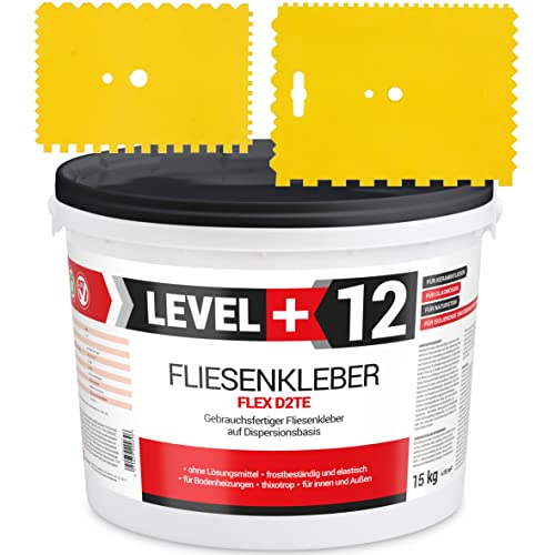 Fertig Fliesenkleber 10kg Weiß + 2St. Zahnspachtel Kunstoff Steinkleber Flexmörtel Dispersions-Kleber SET RM12 TR von LEVEL+