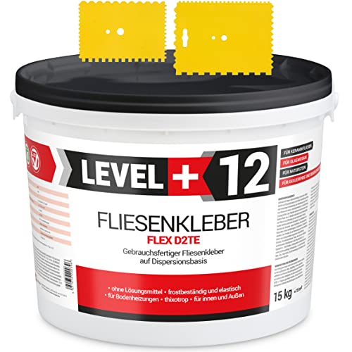 Fertig Fliesenkleber 15kg Weiß + 2St. Zahnspachtel Kunstoff Steinkleber Flexmörtel Dispersions-Kleber SET RM12 TR von LEVEL+