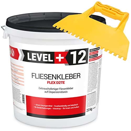 Fertig Fliesenkleber 20 kg Fertig + Kunstoffzahnspachtel Steinkleber Flexmörtel Weiß Dispersions-Kleber SET RM12 KW von LEVEL+