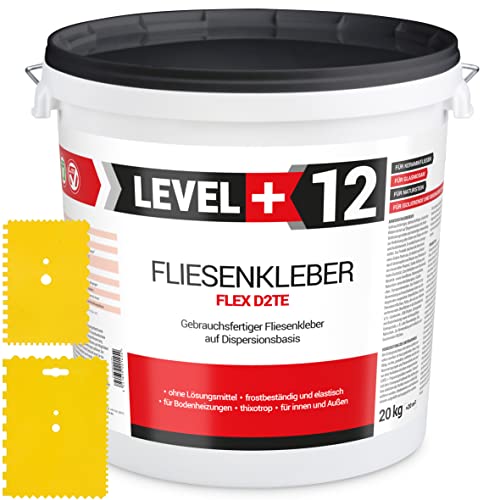 Fertig Fliesenkleber 20kg Weiß + 2St. Zahnspachtel Kunstoff Steinkleber Flexmörtel Dispersions-Kleber SET RM12 TR von LEVEL+