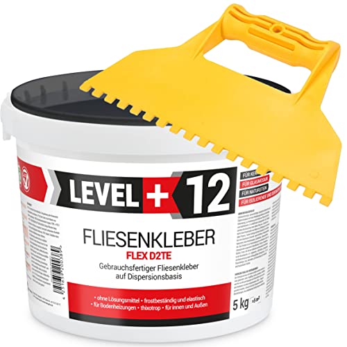 Fertig Fliesenkleber 5 kg Fertig + Kunstoffzahnspachtel Steinkleber Flexmörtel Weiß Dispersions-Kleber SET RM12 KW von LEVEL+