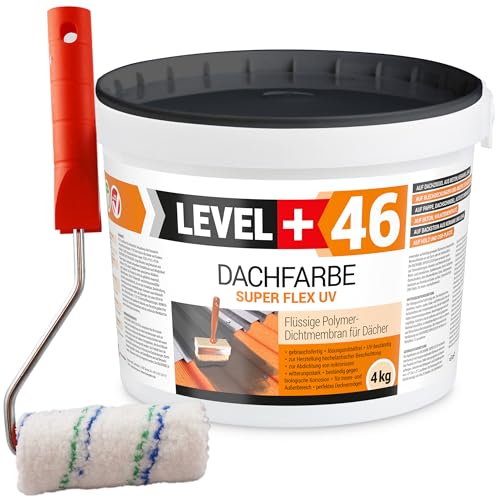 LEVEL PLUS Dachfarbe 4 kg Anthrazit, Sockelfarbe, Dachlack, Dachsanierung, Flexibler Polymermembran Wetterbeständig + Farbroller 10cm Mikrofaser mit Bügel Set RM46 von LEVEL PLUS
