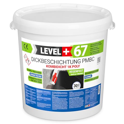 Level+67 Dickbeschichtung PMBC 1K Polystyrolgefüllt, Bitumen Abdichtung 30L, Rissüberbrückend, Schnell Regenfest, Fundamente Keller Garage Aussenwände Abdichtung von LEVEL PLUS