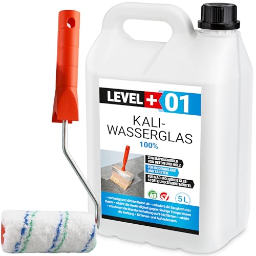 Level Plus 01 Kaliwasserglas 28-30 Unverdünnt 5 Liter Haftgrund Abdichtung Holzimprägnierung Pur Wasserglas 100%, Beton Versiegelung Wetterfest + Farbroller 10cm von LEVEL PLUS
