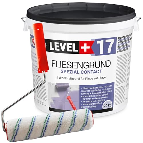 Level Plus 17 Fliesengrund 20 kg Fliese auf Fliese Spezial Haftgrund Fliesengrundierung Quarzgrund für Innen Außen, Haftvermittler Frostbeständig und wasserabweisend Plus Farbroller mit Bügel 25cm Set von LEVEL PLUS