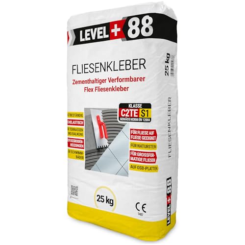 Level Plus 88 Fliesenkleber Flexkleber 25kg Flexmörtel C2TE S1 Steinkleber Klebemörtel Grau Innen Außen Für Naturstein Glasmosaik Dichtbahn Fliesen von LEVEL PLUS