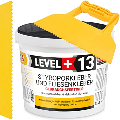 Styroporkleber 10kg + Kunstoffspachtel Dreieck-Zahnung, Korkkleber Renoviervlies Dispersionkleber Flisenkleber Montagekleber SET RM13 KT von LEVEL+