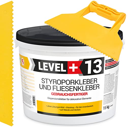 Styroporkleber 15kg + Kunstoffspachtel Dreieck-Zahnung, Korkkleber Renoviervlies Dispersionkleber Flisenkleber Montagekleber SET RM13 KT von LEVEL+